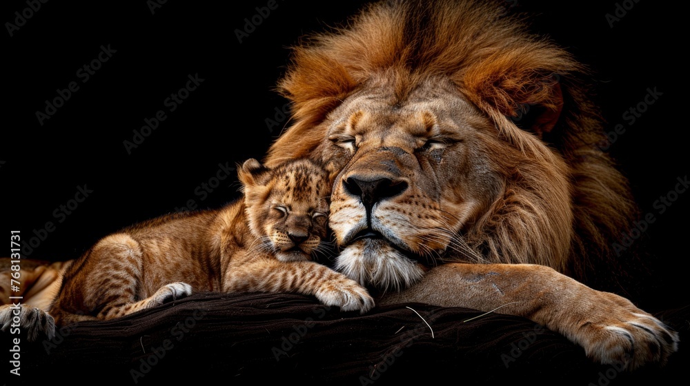 Fototapeta premium Male lion and cub portrait with empty space on the left for text, object on right side