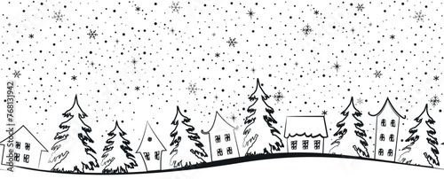 Christmas village. Winter background. Seamless border. Fairy tale winter landscape. Black silhouettes of houses, fir trees, snowflakes on white background. Vector illustration