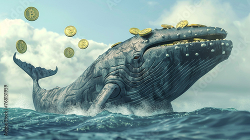 3D cartoon whale with full of gold bitcoin investment, financial concept