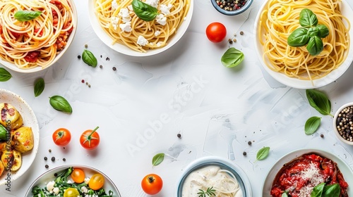 Assorted spaghetti dishes with various pastas and sauces on white background, copy space available