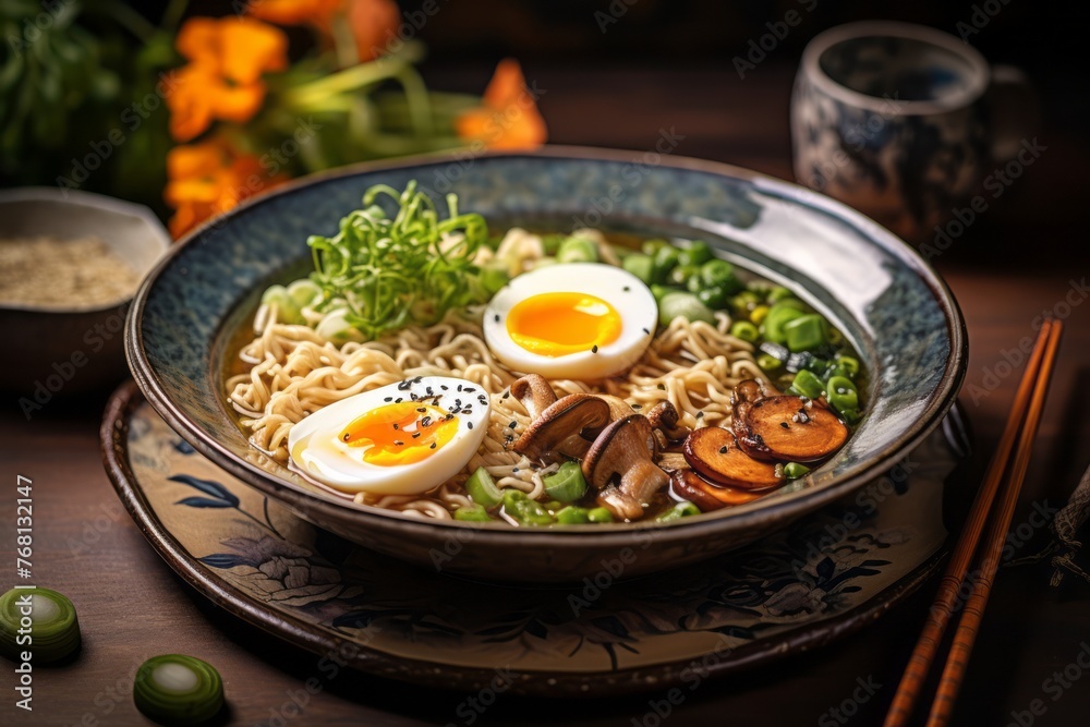Delicious ramen on a rustic plate against a pastel or soft colors background Delicious ramen on a rustic plate against a pastel or soft colors background