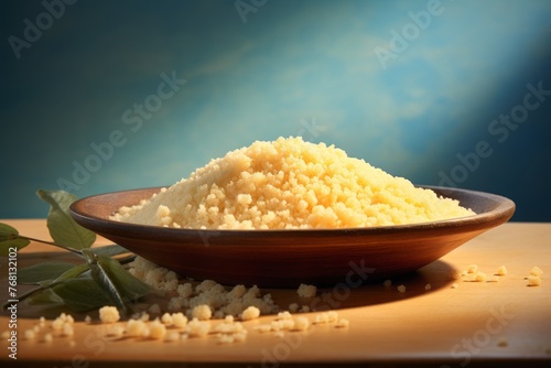 Tempting couscous on a slate plate against a pastel or soft colors background