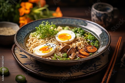 Delicious ramen on a rustic plate against a pastel or soft colors background