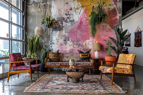 Envision a bohemian-inspired living space featuring an eclectic mix of vintage-inspired chairs upholstered in bold, patterned fabrics, juxtaposed against walls adorned with abstract marble murals  photo