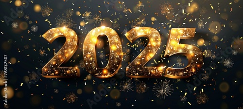 Fototapeta 2025 new year greeting card with big 3d golden numbers on dark background with fireworks and bokeh