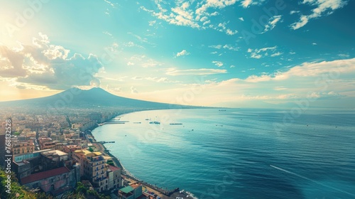 Panoramic View of Naples: Exploring the Beautiful Gulf, Harbor, and Mountain Landscape in Italy