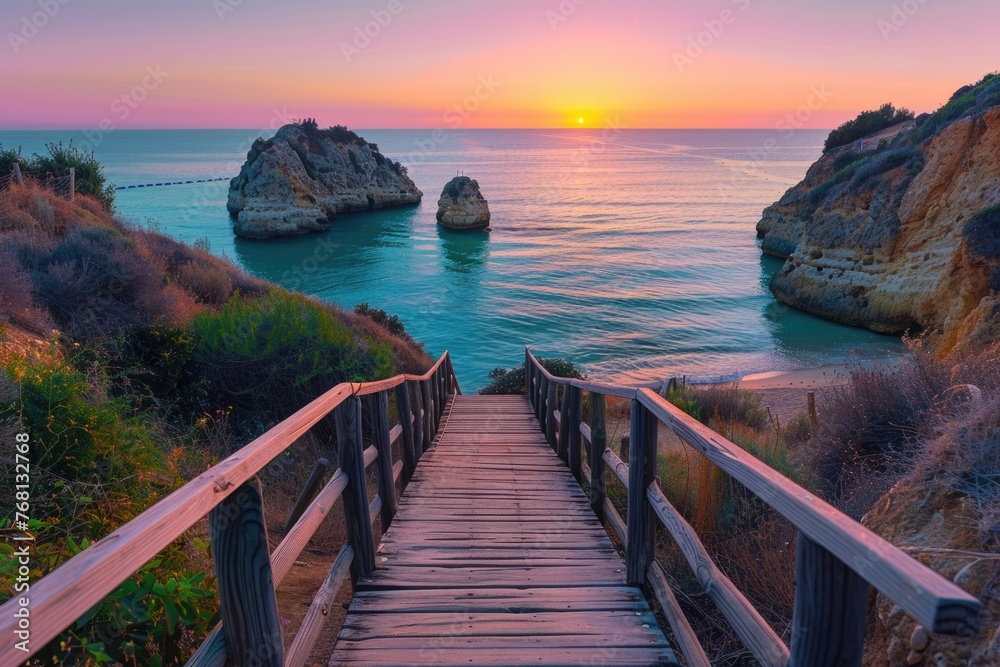 Fototapeta premium Summer Sunrise at Camilo Beach, Algarve: Wooden Walkway Leading to Turquoise Ocean and Cliff Views in Portugal
