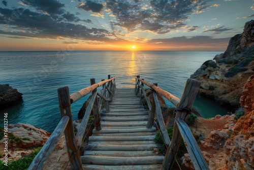 Summer Bliss at Camilo Beach, Algarve: A Perfect View of the Turquoise Ocean, Wooden Footbridge, and Majestic Cliff during Sunrise in Portugal.