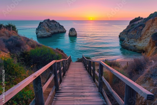 Summer Sunrise at Camilo Beach, Algarve: Wooden Walkway Leading to Turquoise Ocean and Cliff Views in Portugal photo