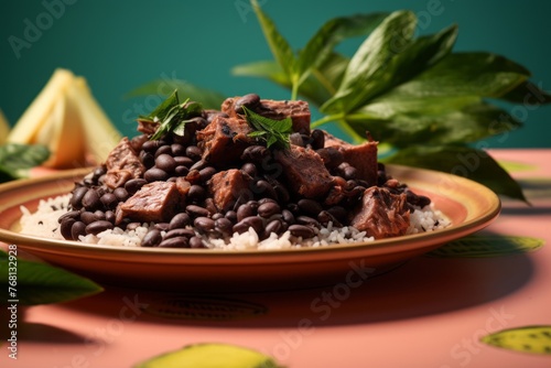 Delicious feijoada on a palm leaf plate against a pastel or soft colors background