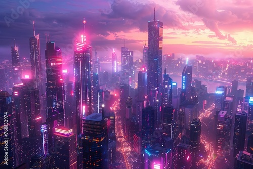Cyberpunk cityscape at night, neon lights and towering skyscrapers , octane render