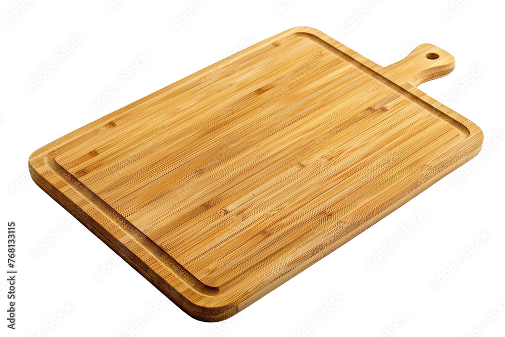 A cutting board with a wooden handle placed on a clean white surface