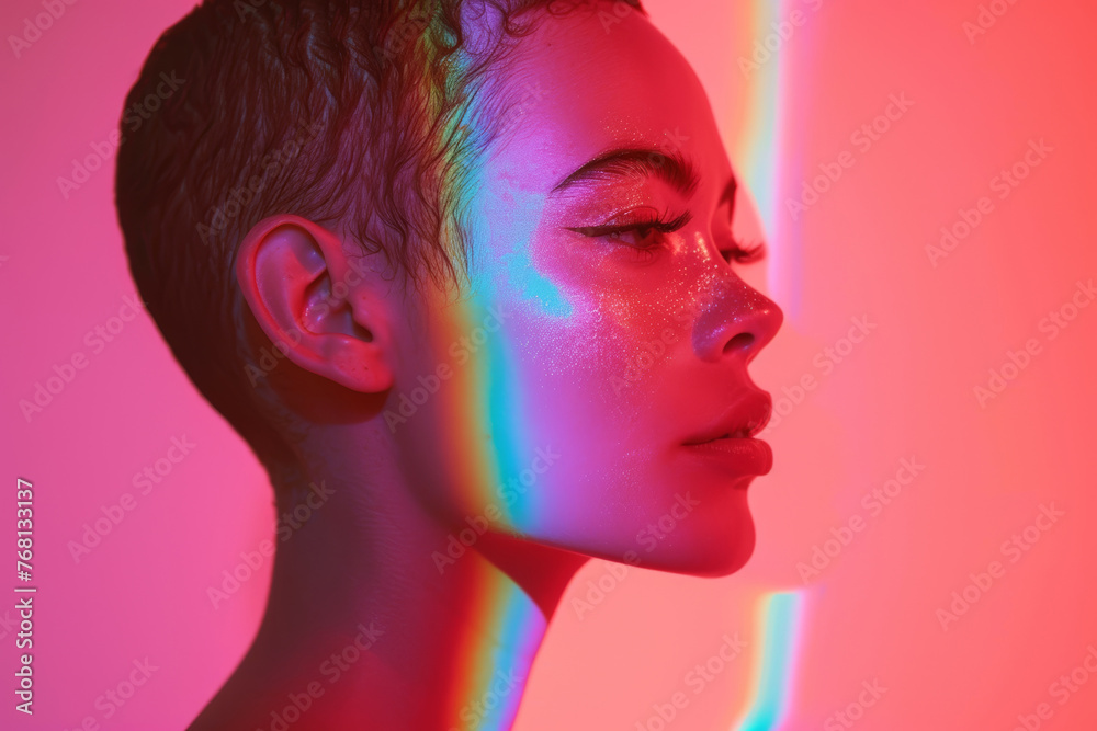 Serene beauty with rainbow refractions, enhancing a tranquil female profile. Serene beauty with rainbow refractions, enhancing a tranquil female profile.