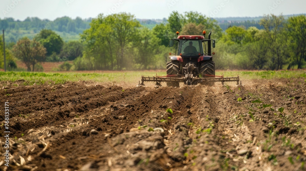 Farming scene: Tractor plows field for planting. Rural agriculture portrayed with machinery and soil preparation, evoking the essence of farm life and cultivation. Farming scene: Tractor plows field for planting. Rural agriculture portrayed with machinery and soil preparation, evoking the essence of farm life and cultivation.