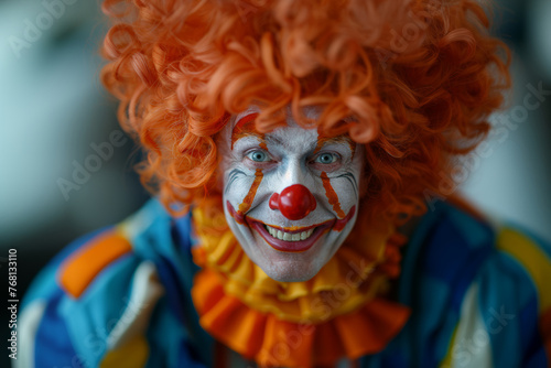 A vibrant clown with a whimsical smile in full costume and makeup.