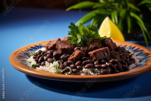 Delicious feijoada on a palm leaf plate against a pastel or soft colors background © Markus Schröder