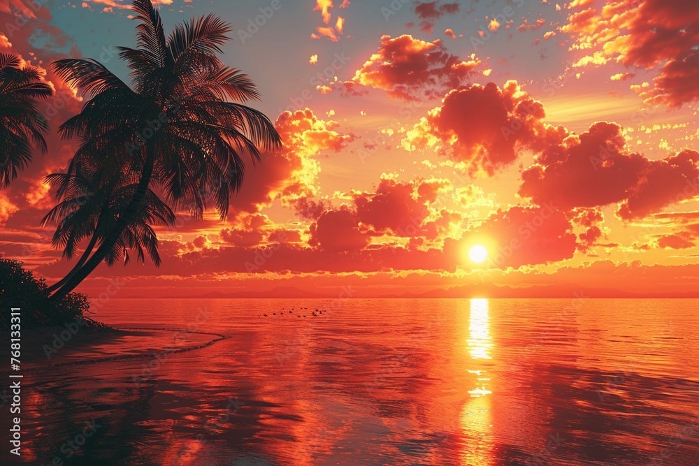 Fiery sunset over the ocean, silhouettes of palm trees on the beach , 3D render
