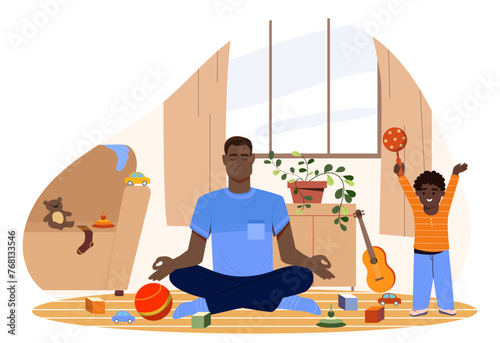 Calm father at home. Man sitting in lotus position near chaos and mess. Mental wellbeing and inner peace. Boy with toys in room. Cartoon flat vector illustration isolated on white background