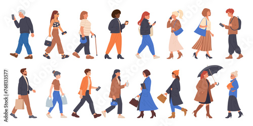 Walking people. Men and women going to office  shopping or walking  pedestrians walk  student  businessman or tourist walk together flat vector illustration set. People diverse crowd characters