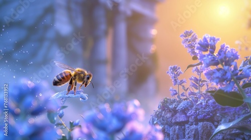 Soulful mystical bee collecting honey on Mt. Olympus created with Generative AI Technology