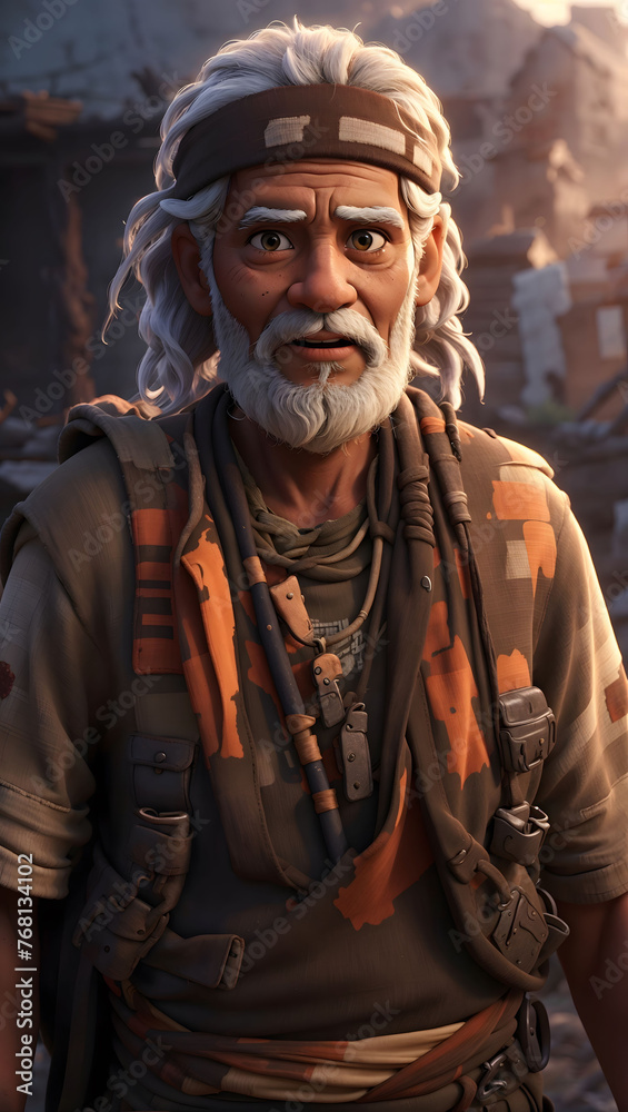 Old Indian Man in a Post-Apocalyptic World 3D Art. Old Indian man set in a desolate post-apocalyptic scene. 3d model.