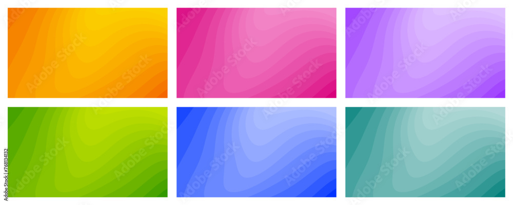 Set of abstract backgrounds with sharp wavy lines and gradient transition, dynamic fluid shape. Orange, green, pink, blue and purple card templates.
