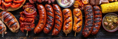 Delicious barbecue dinner with golden grilled sausages on table   realistic food photography