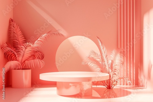 a pink room with a round table and palm trees