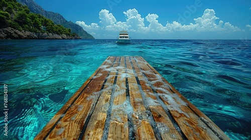 , inviting passengers to dive into the crystal-clear waters and explore underwClose-up of a luxury yacht's teak swim platformater wonders.