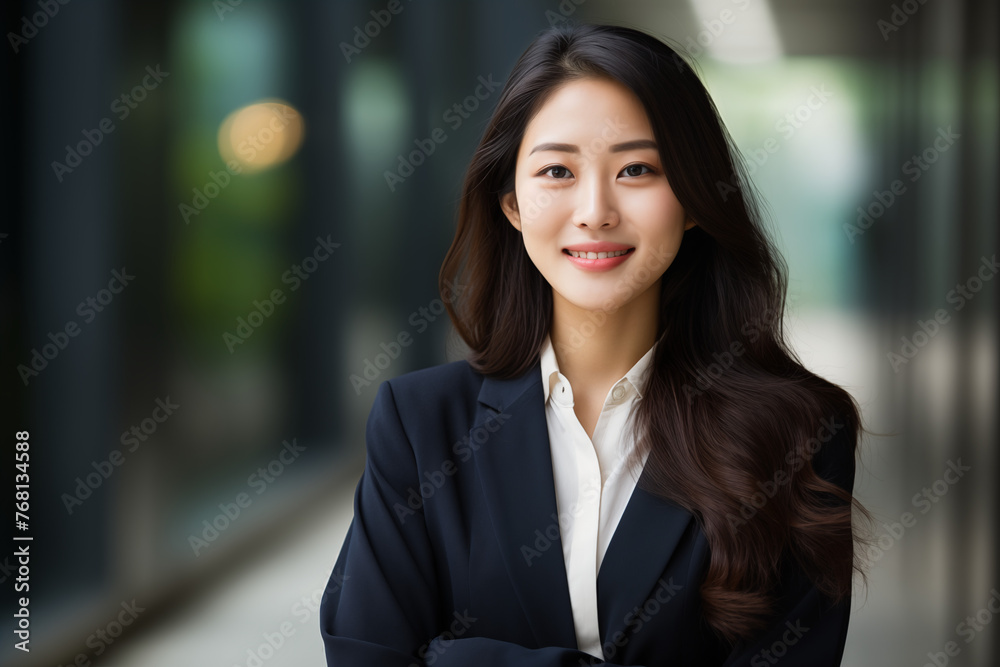 Smiling asian businesswomen in suit. Women in work clothes. Rich women. Business boss. Boss of a start-up. Asian women. Chinese women. Japanese women. AI.	