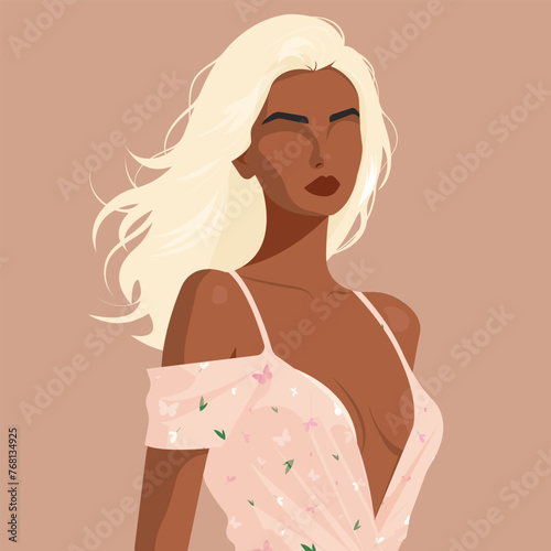 Vector flat fashion illustration of a beautiful blonde young African woman wearing a stylish floral print dress.
