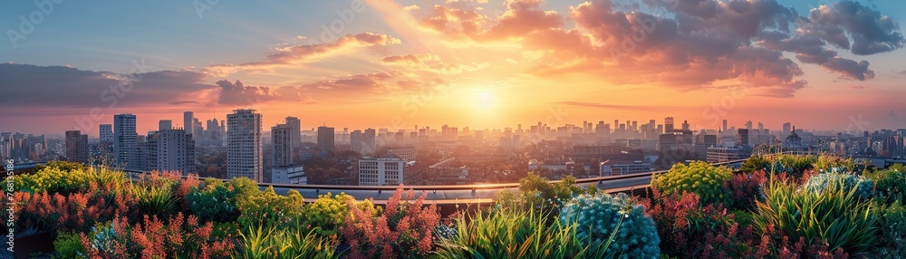 Urban rooftop garden at sunset, city skyline in the background , blender