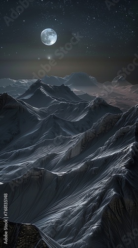 Silver Light Cascading Over Serene Peaks - Witness the breathtaking spectacle of the moon   s silver light cascading over serene mountain peaks  enveloping the landscape in a tranquil glow.