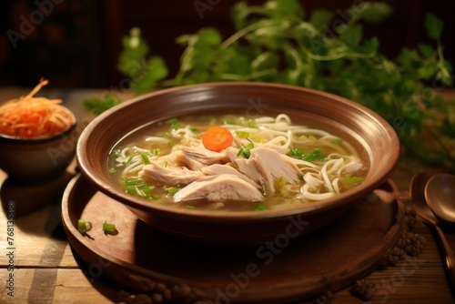 Tasty chicken noodle soup on a rustic plate against a pastel or soft colors background