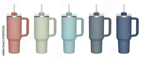 Thermo cup with handle and straw. 3d mockup of a travel thermos. Set of green  brown  gray and blue mugs. Tumbler template. Transparent lid