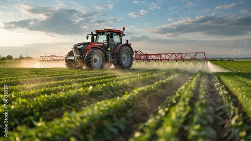 Crop care: Tractor sprays pesticides in springtime field. Vital protection for crops ensures healthy harvests, blending technology with agricultural traditions in rural landscapes.