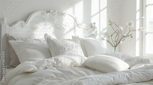 bed adorned with white bedding and pillows. Elegant Furniture Design