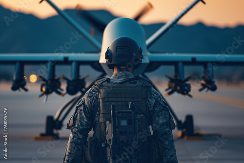 An operator prepares drone with artificial intelligence for flight in conjunction with combat missions AI Generative