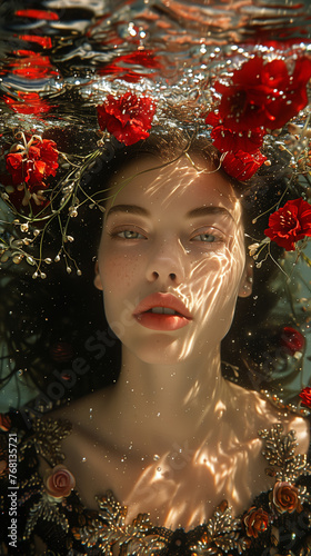 Ethereal woman with flowers in clear water