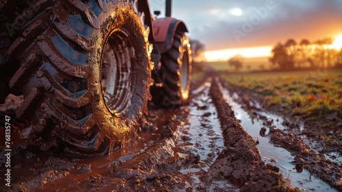 Tractor s wheel close-up on muddy field road. Gritty rural scene depicts the essence of farm life and the challenges of agriculture with striking detail and texture.