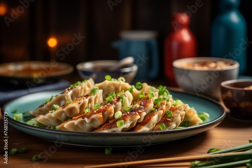 Tempting gyoza on a rustic plate against a pastel or soft colors background