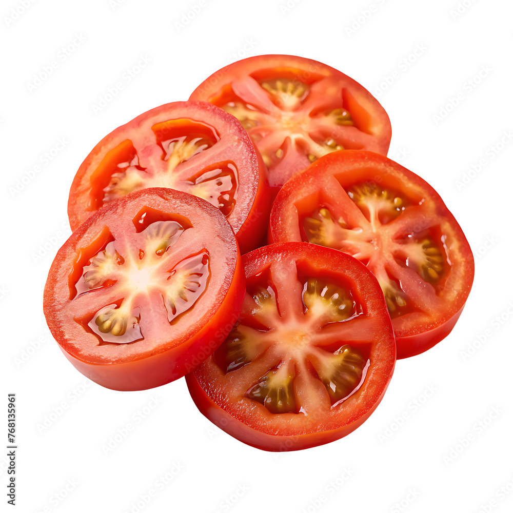 Sliced red tomato close-up, isolated on a transparent background. Sliced red tomato close-up, isolated on a transparent background.