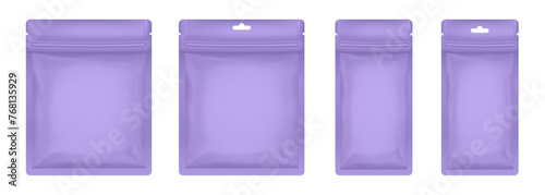 Violet sachet or pouch. Vector zip bags mockup, foil packs. Cosmetics samples. Sheet face mask
