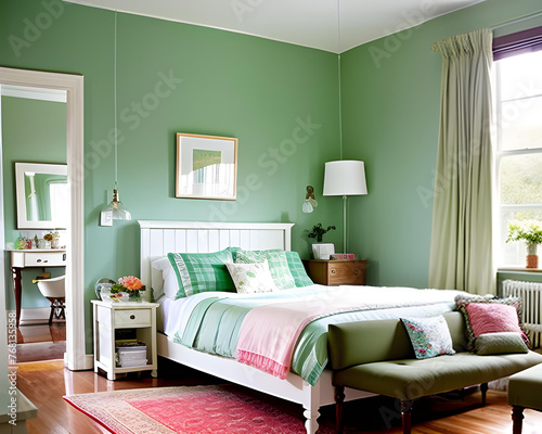 An image depicting a green and pale pic bedroom photo
