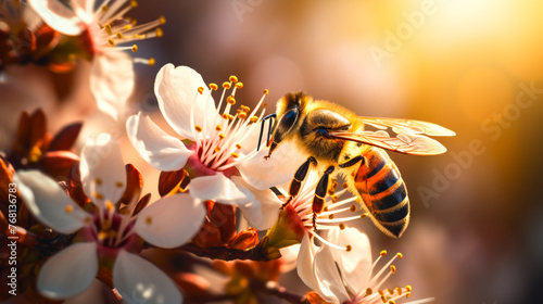 Bee Pollinating Blossoming Spring Flowers