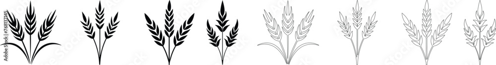 Bunches of wheat or rye ears with whole grain. Wheat wreaths and grain spikes set icons. Vector illustration - obrazy, fototapety, plakaty 