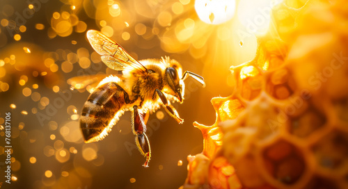 Macro shot of bee entering hive with pollen baskets © mimagephotos