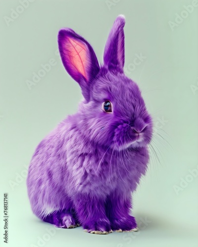 Realistic photo of a bright purple and fluffy rabbit, neutral background, abstract, colorful animal