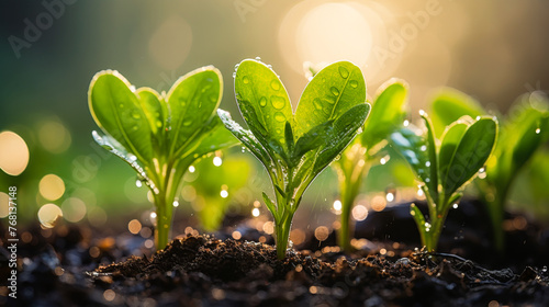 Young Seedlings in Soil with Sunlight and Water Droplets © mimagephotos