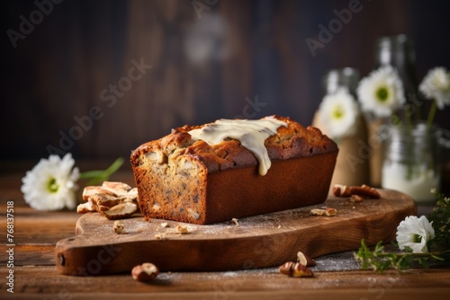 Juicy banana bread on a wooden board against a pastel or soft colors background